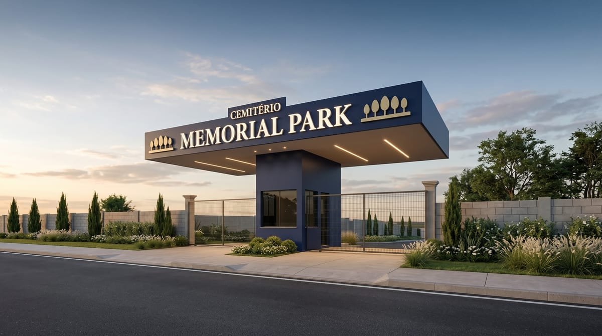 Portal de entrada do Memorial Park Itapeva ao entardecer, com a marquise azul, o letreiro dourado e jardim ao redor